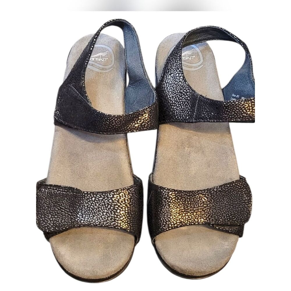 Dansko Black Metallic Textured Leather Slingback Sandals